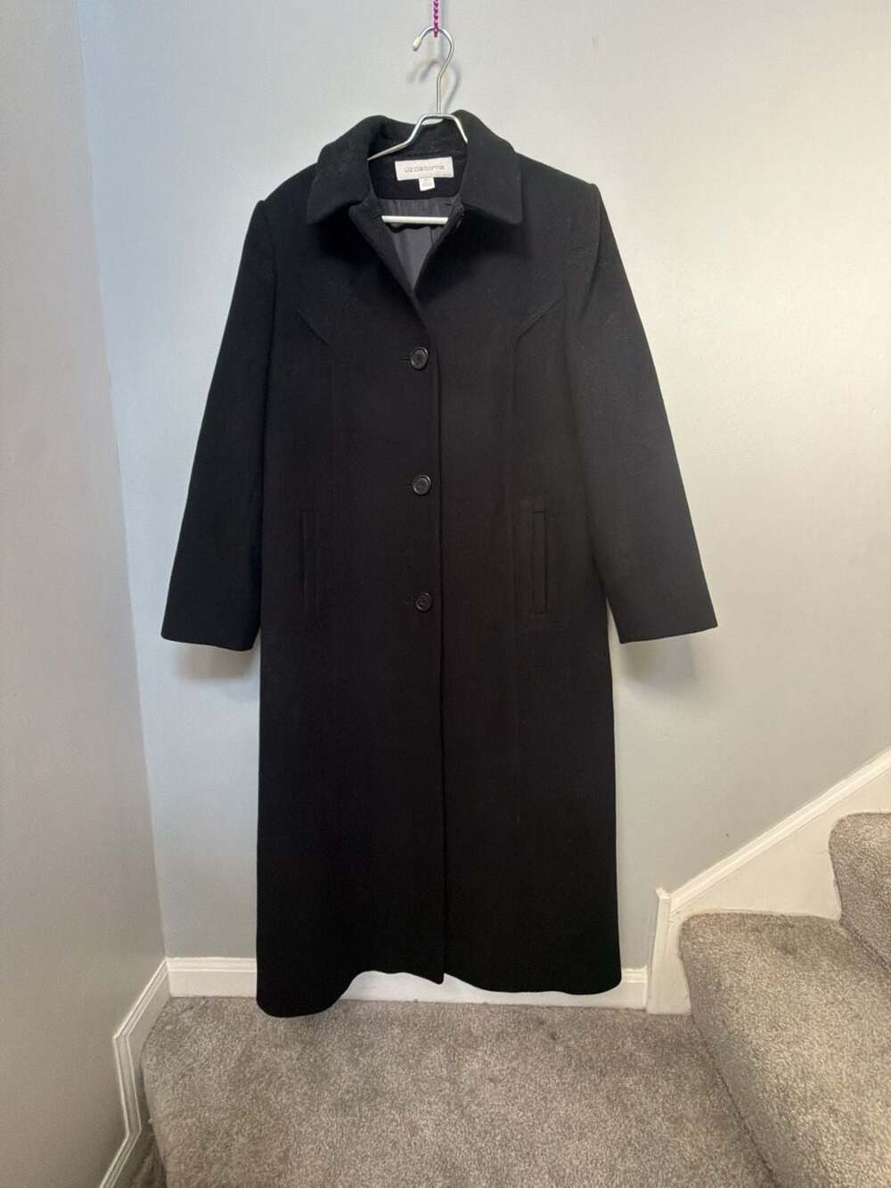 Liz Claiborne Wool Coat Size 14 Black Long Trench Jacket